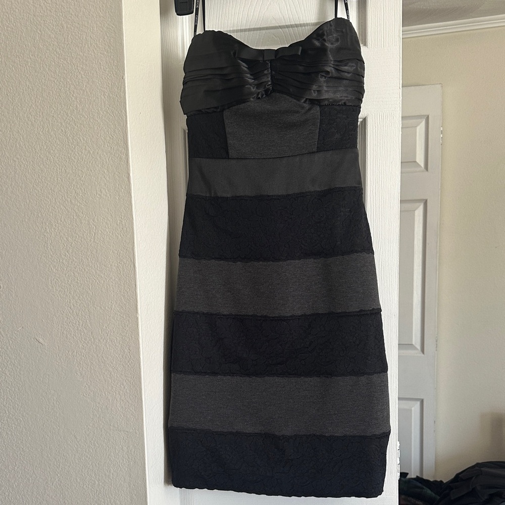 XOXO Strapless Black and Gray Banded Lace Cocktail Dress